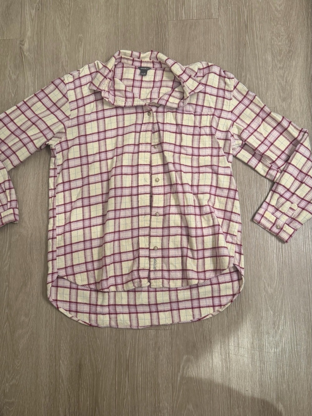 Eddie Bauer Cream and Pink Plaid Button-Down Shirt